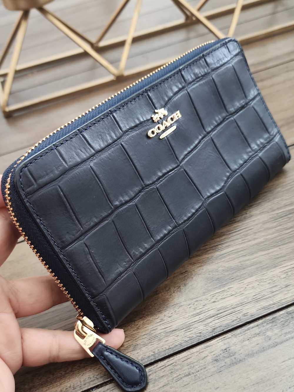 COACH Navy Croc-Embossed Zip Wallet